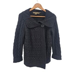 Inis Crafts Sweater Womens Medium Black 100% Merino Wool Aran Cable Knit Ireland